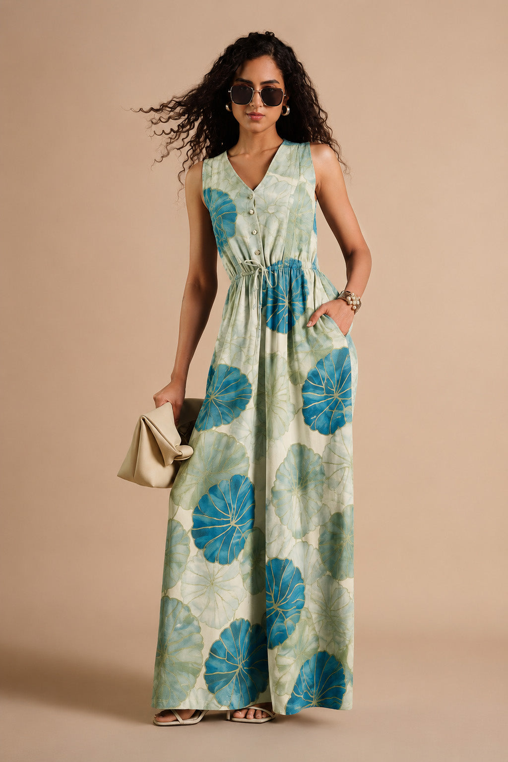 A woman modeling a sleeveless maxi dress with a blue and green botanical leaf pattern on a light beige background, holding a small beige clutch against a solid beige backdrop.
