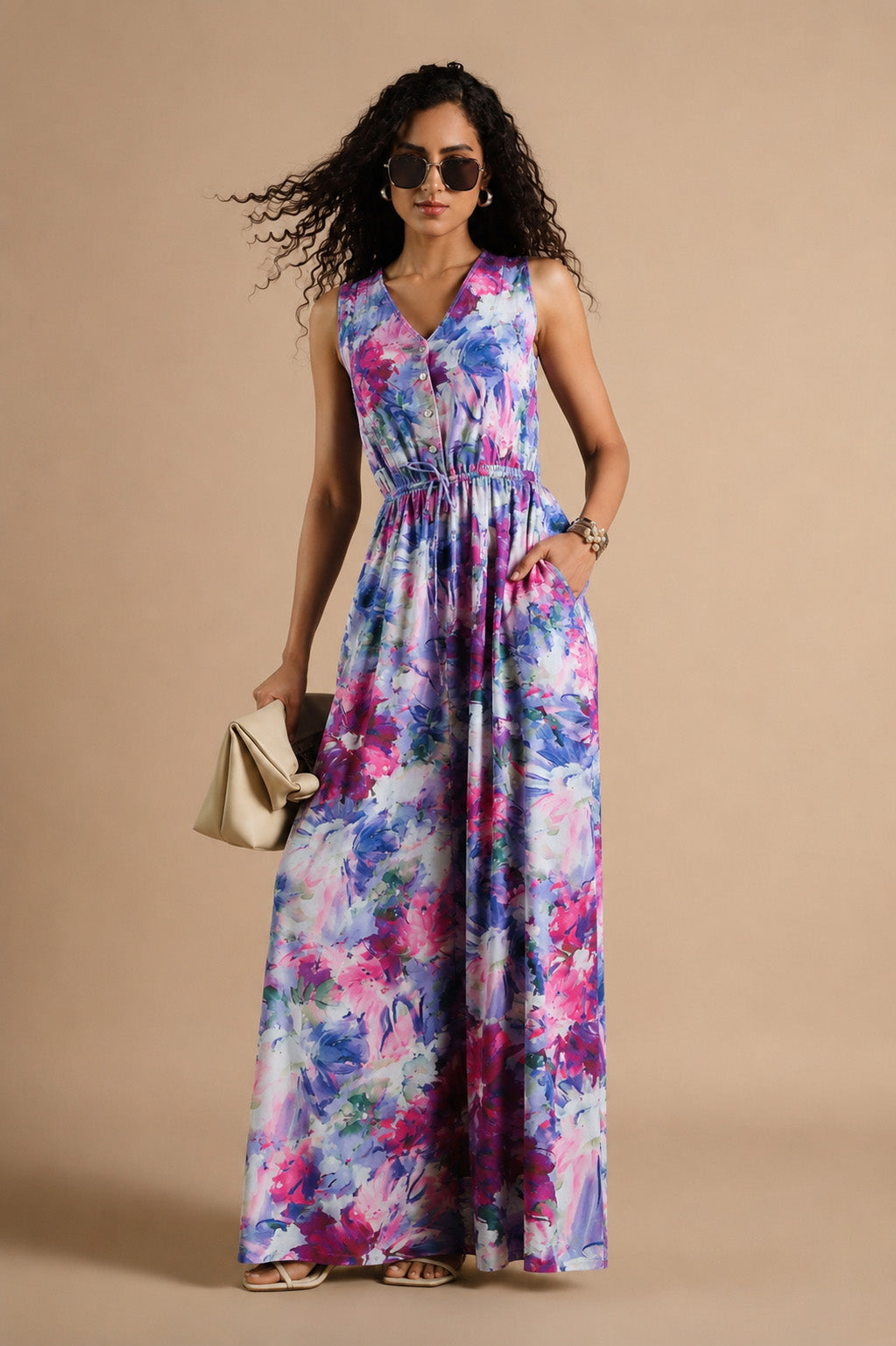 A woman modeling a sleeveless, V-neck maxi dress with a colorful watercolor floral print in shades of purple, pink, and blue. She is wearing dark sunglasses, a gold bracelet, and holding a small beige clutch bag against a solid beige studio background.