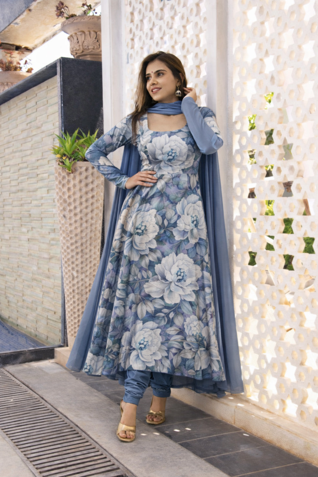 Blue Color Crepe Printed Kupi Work Fabric