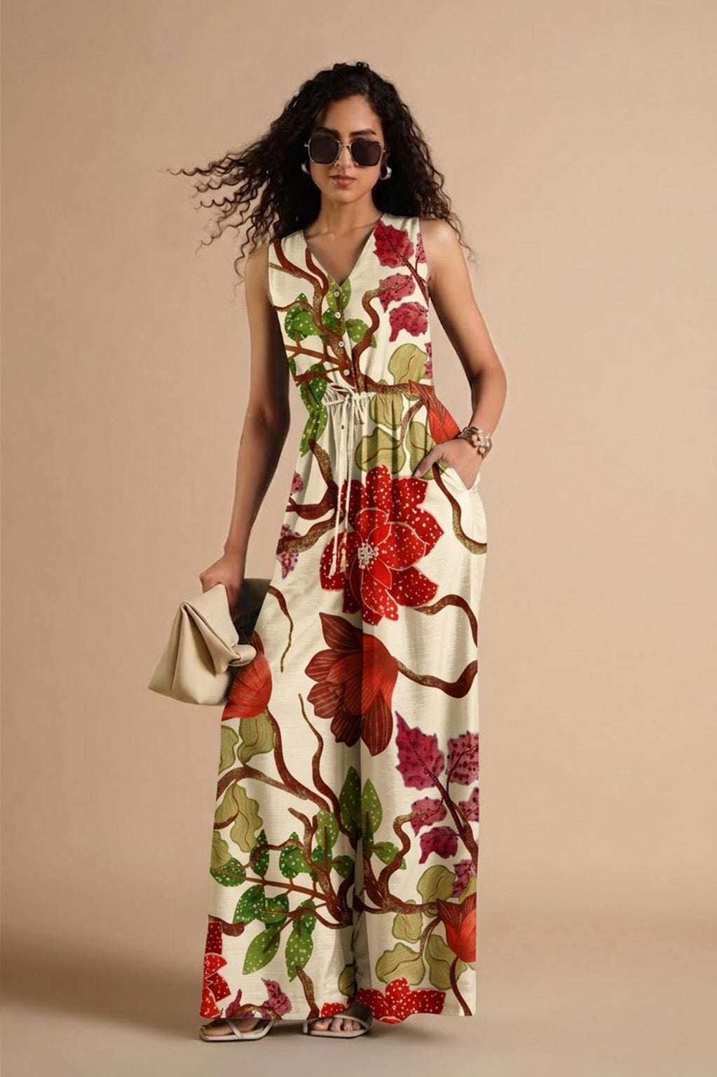 A woman modeling a sleeveless, floor-length maxi dress with a bold floral print in red, green, and brown on a cream background, styled with sunglasses, a small beige clutch, and sandals against a solid beige studio backdrop.