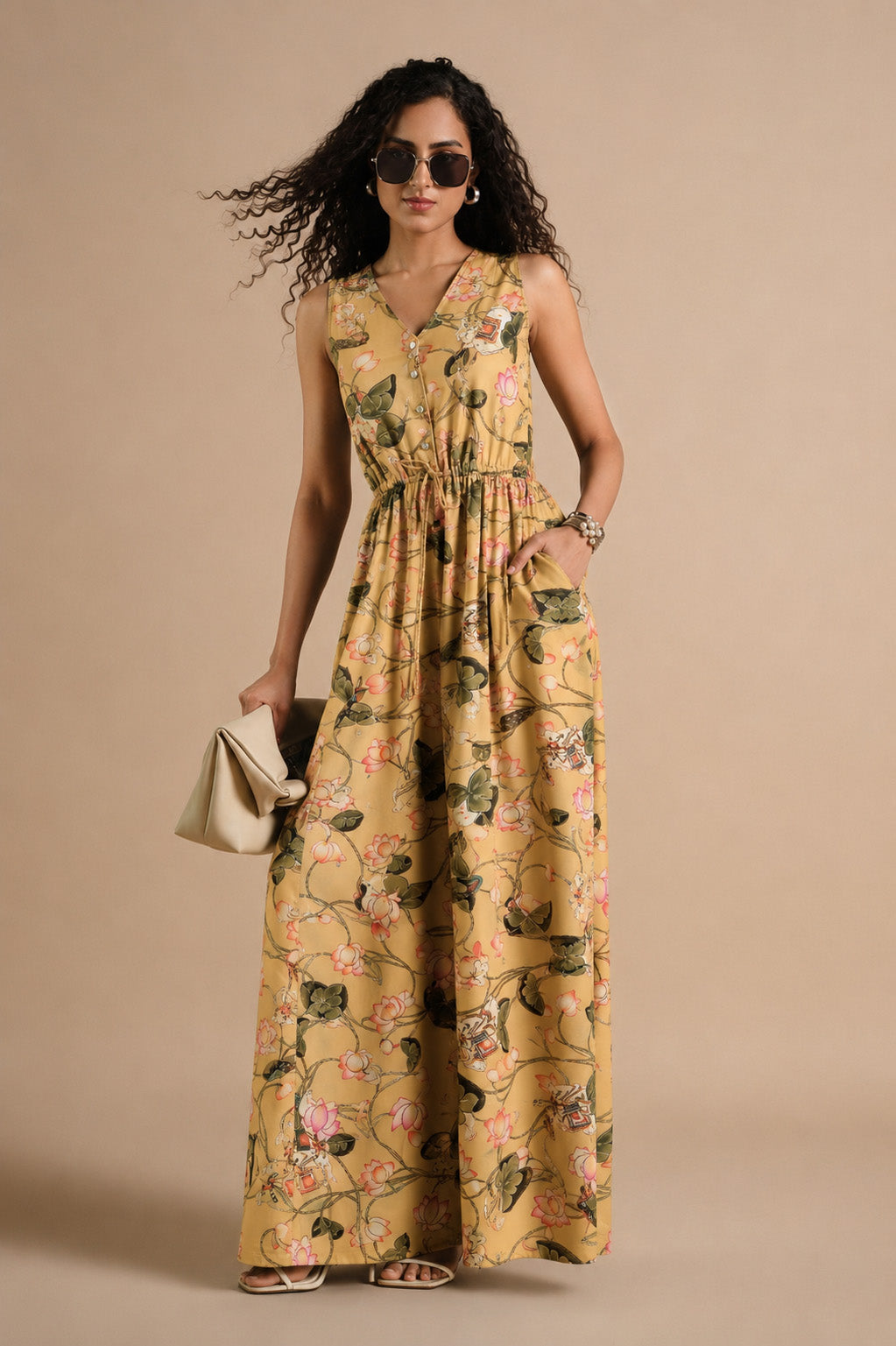 A woman modeling a sleeveless, V-neck maxi dress with a yellow floral and green vine print, holding a small beige clutch against a solid beige studio background.