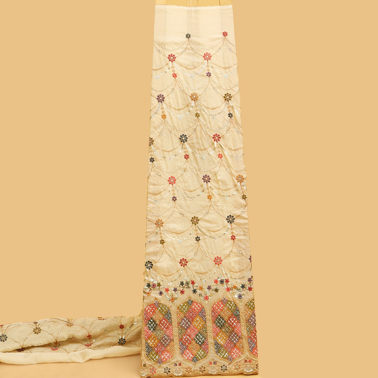 Beige Color Tissue Embroidery Fabric