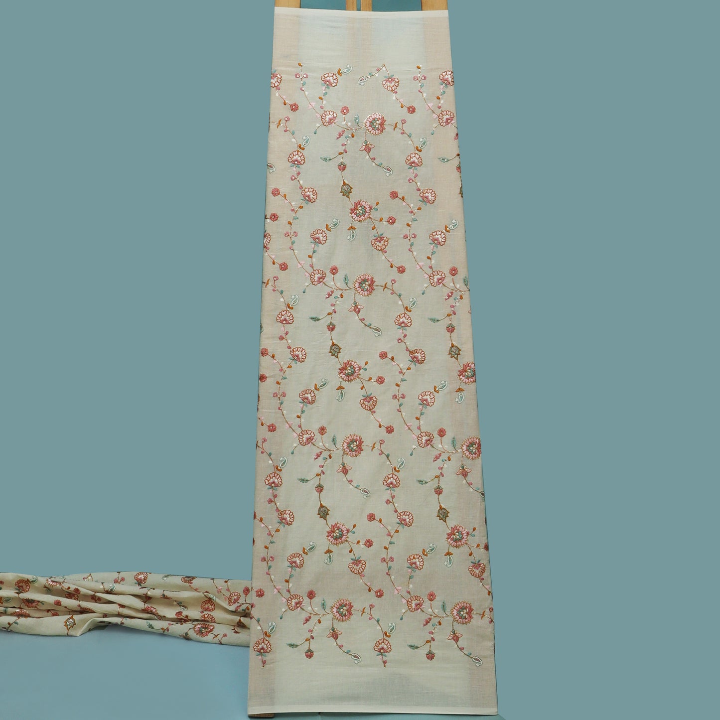 Off White Color Kora Cotton Embroidery Fabric