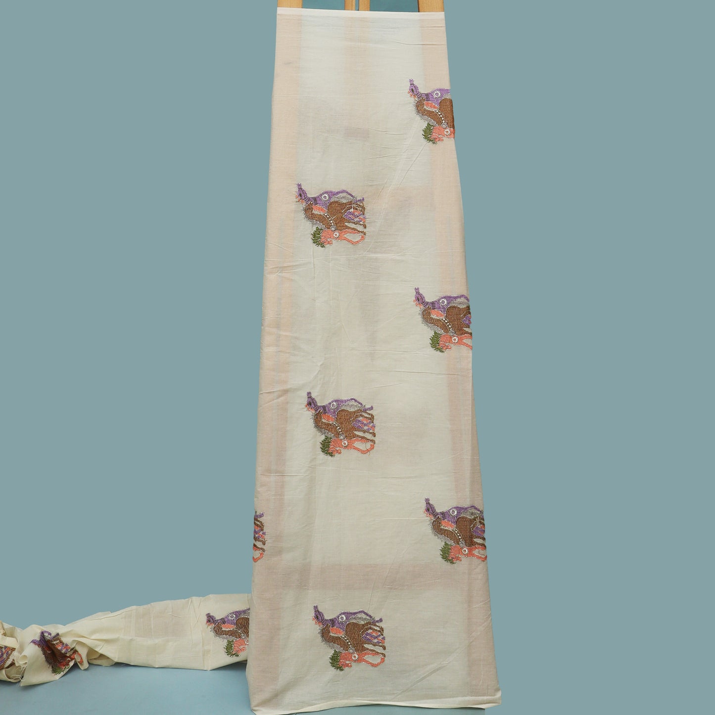 Off White Color Kora Cotton Embroidery Fabric