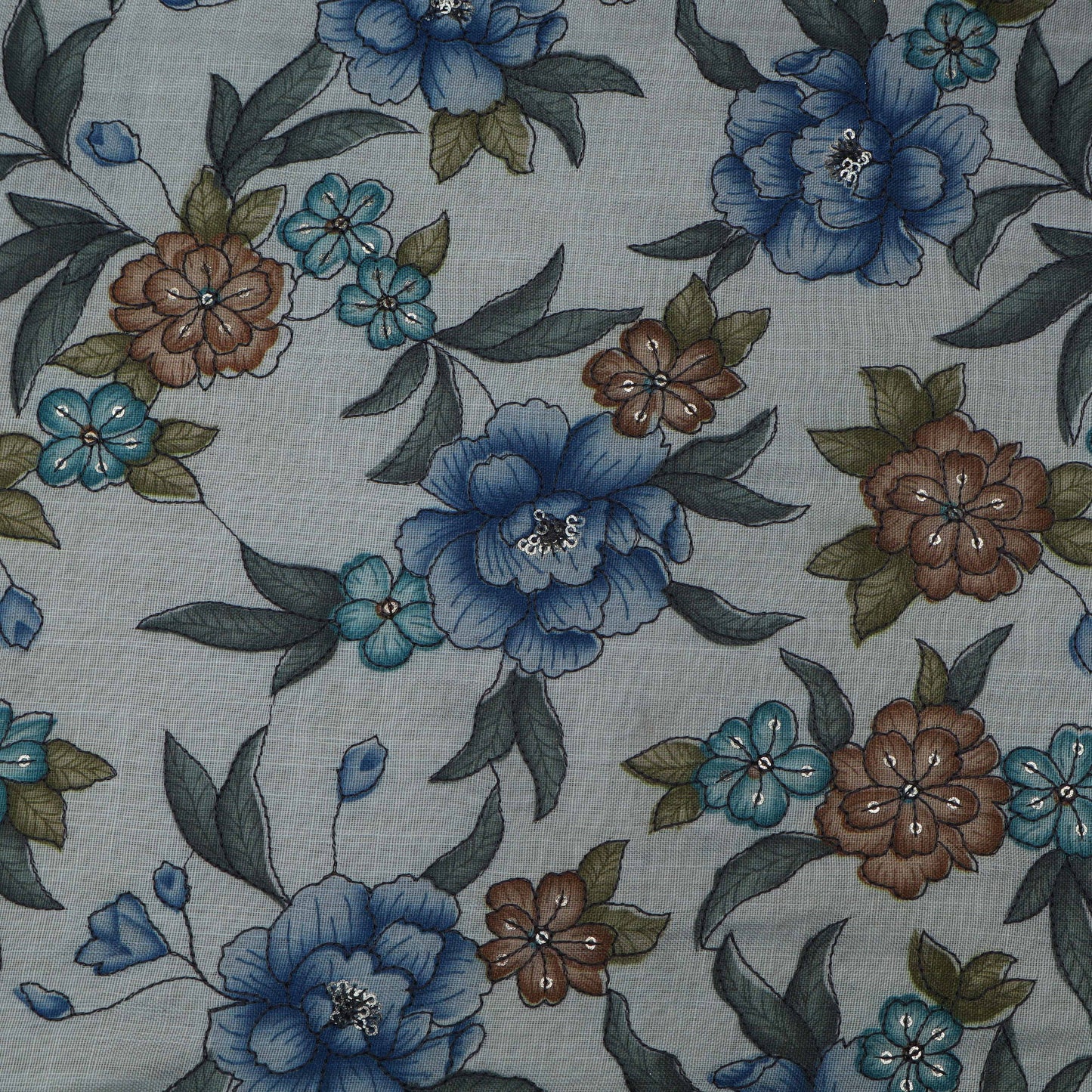 Grey Color Linen Sequence Print Embroidery Fabric