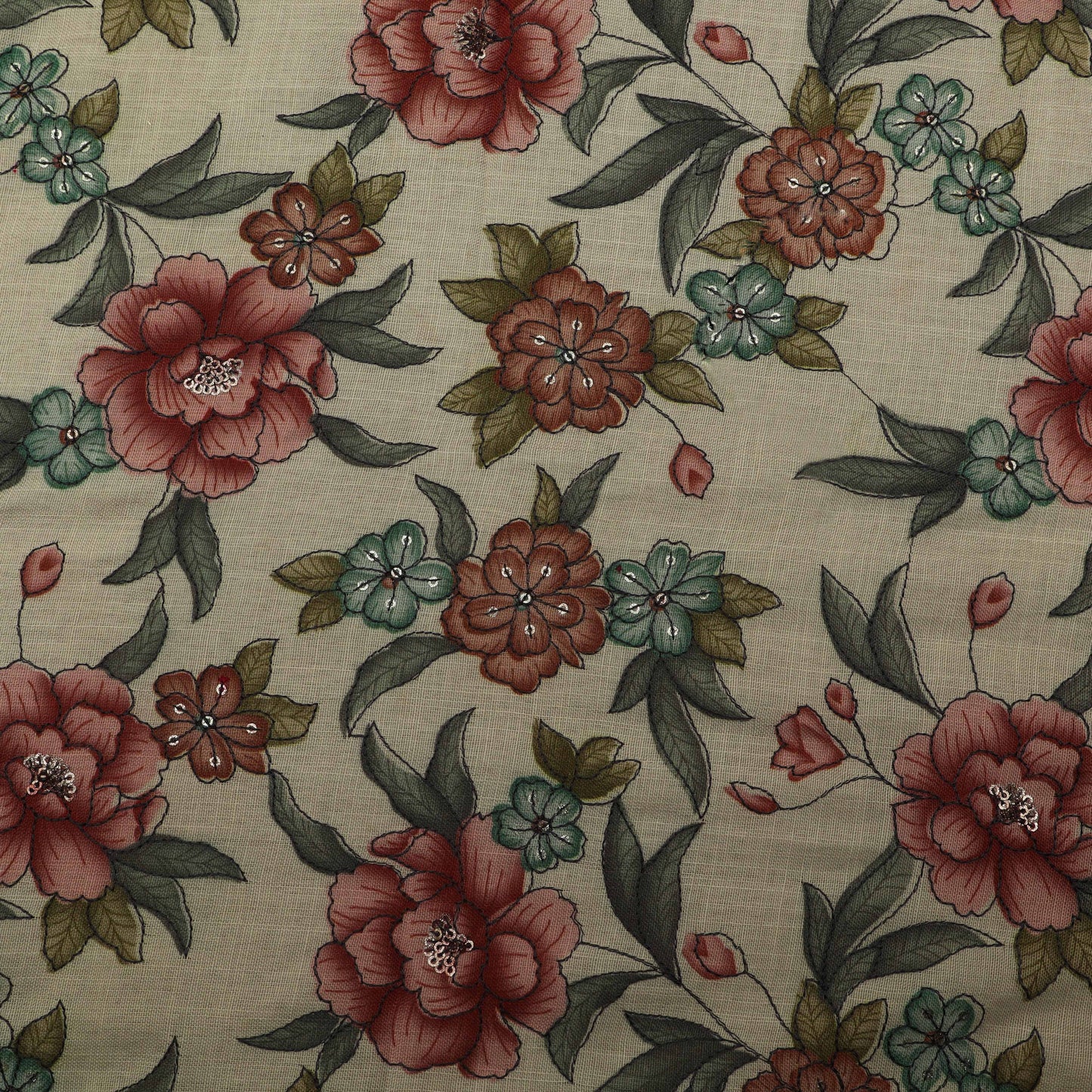 Cream Color Linen Sequence Print Embroidery Fabric