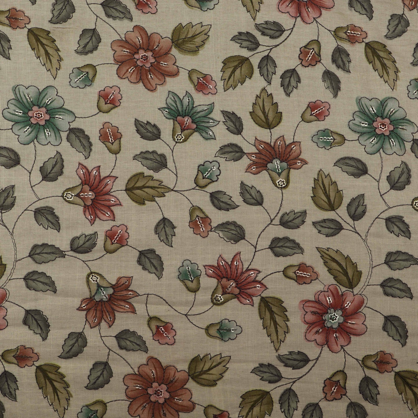 Cream Color Linen Sequence Print Embroidery Fabric