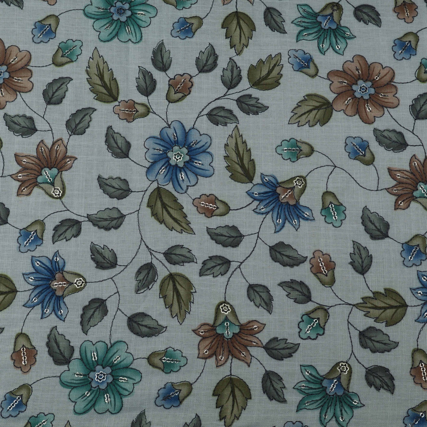 Grey Color Linen Sequence Print Embroidery Fabric