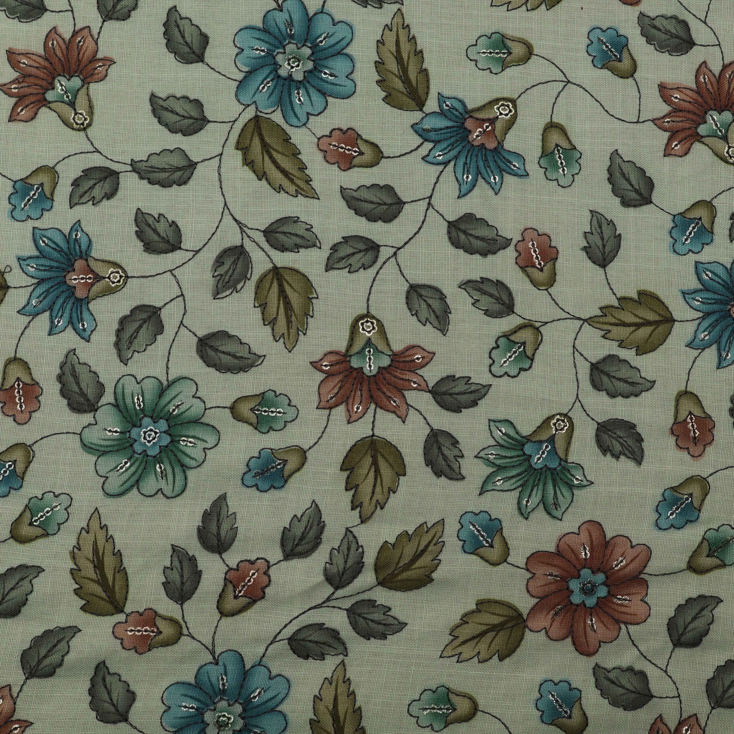 Green Color Linen Sequence Print Embroidery Fabric