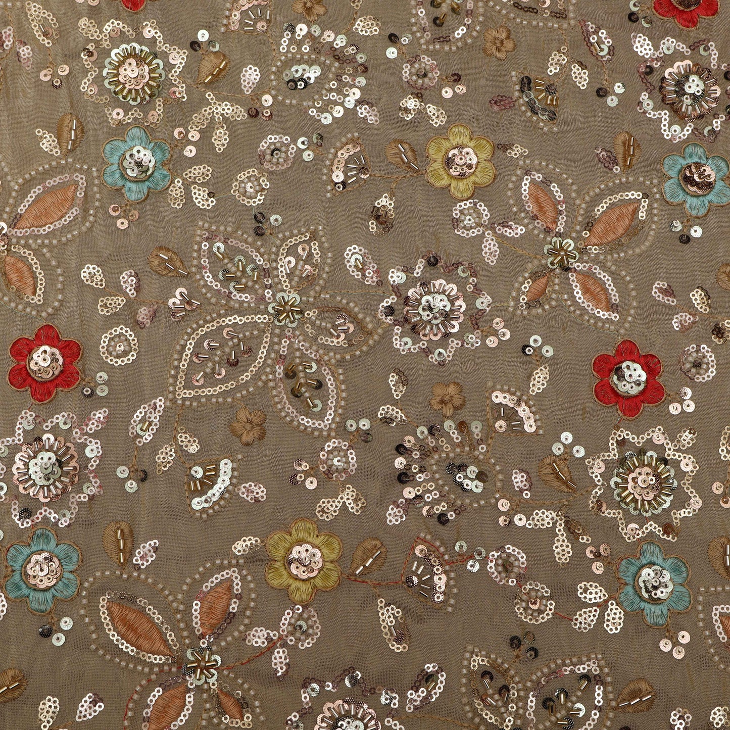 Beige Color Tissue Sequins Embroidery Fabric