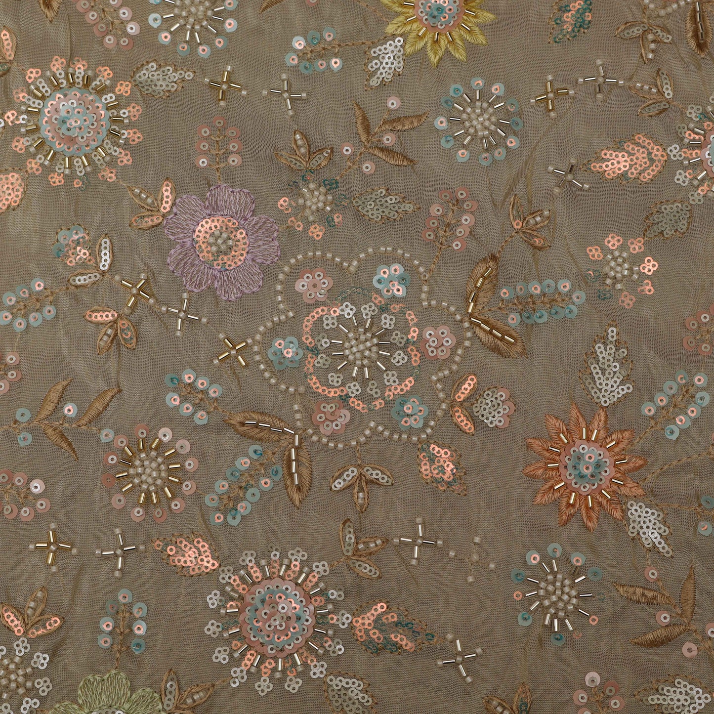 Beige Color Tissue Sequins Embroidery Fabric