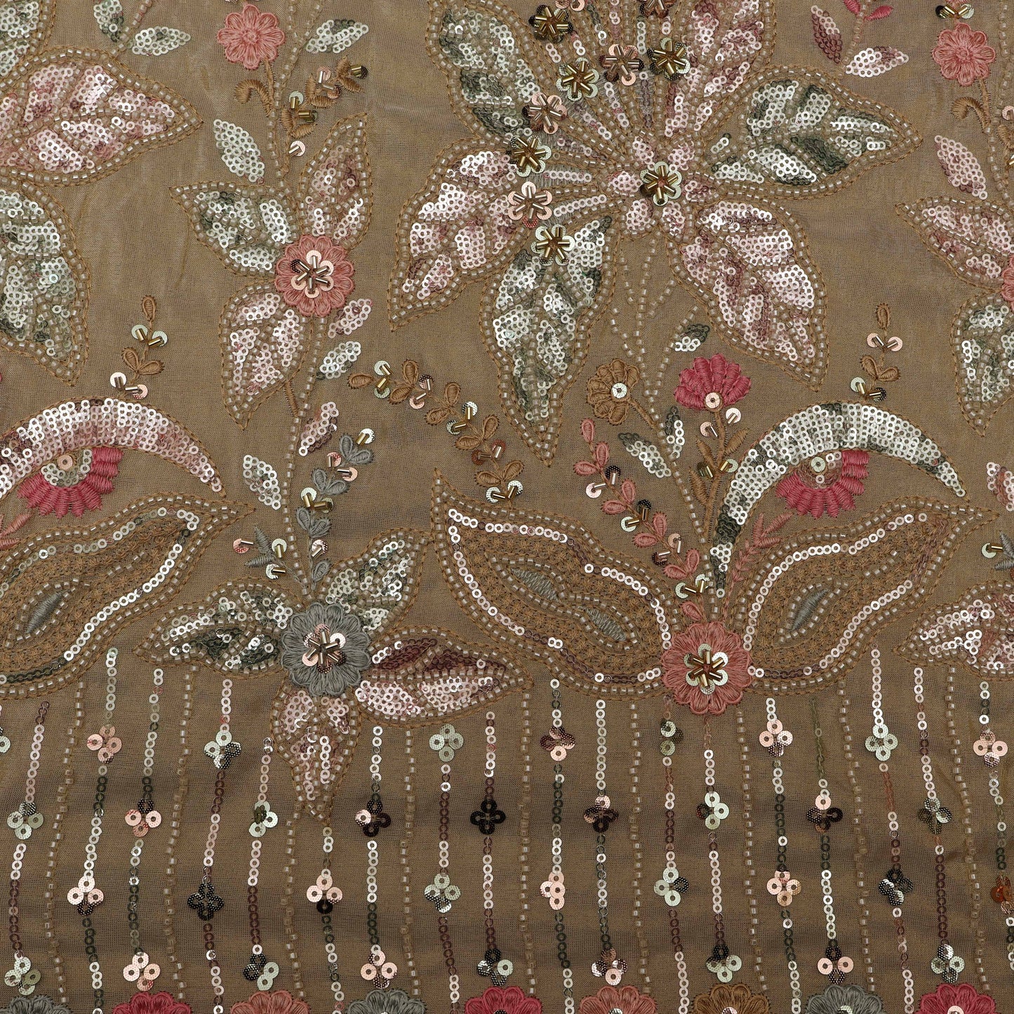 Beige Color Tissue Sequins Embroidery Fabric