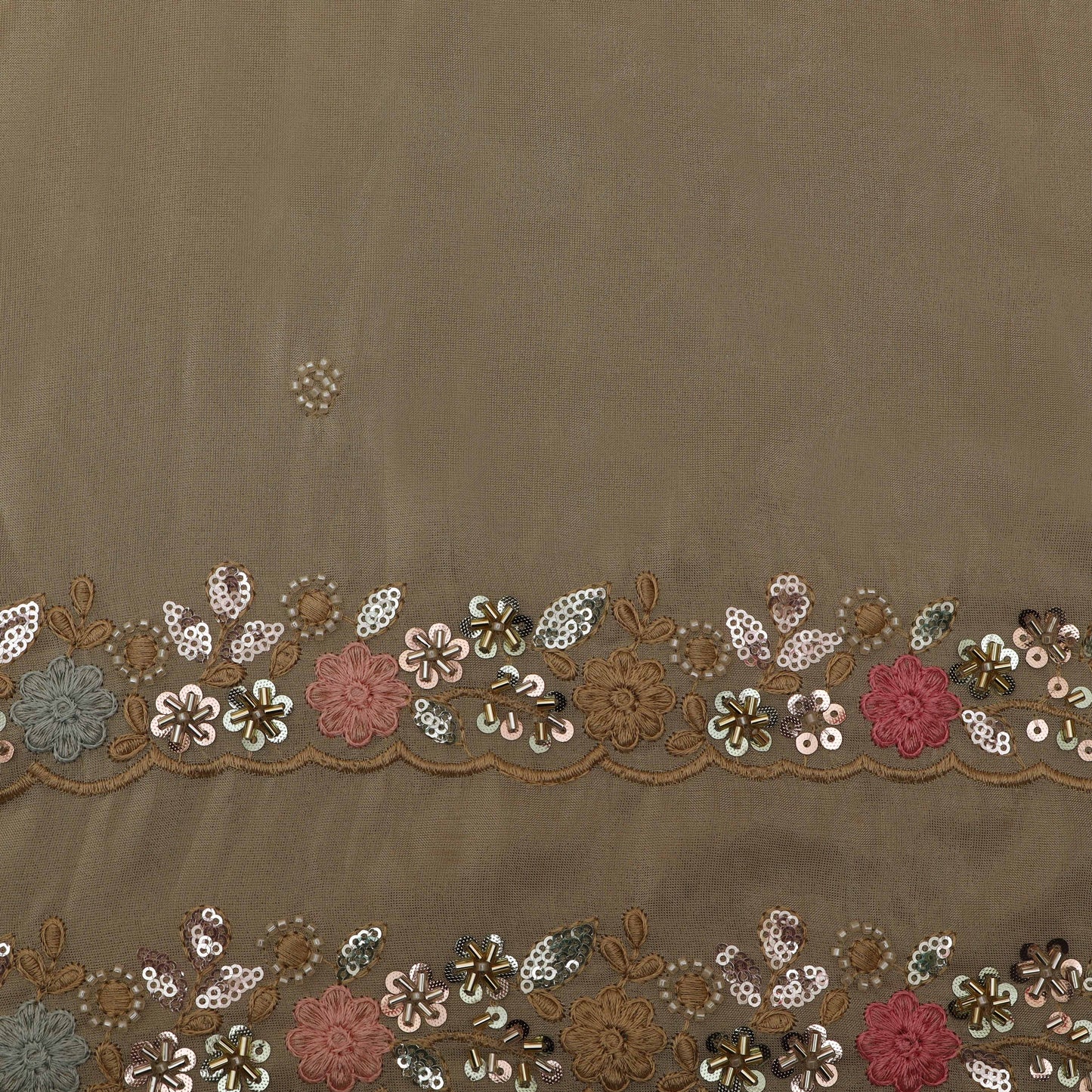 Beige Color Tissue Border Sequins Embroidery Fabric