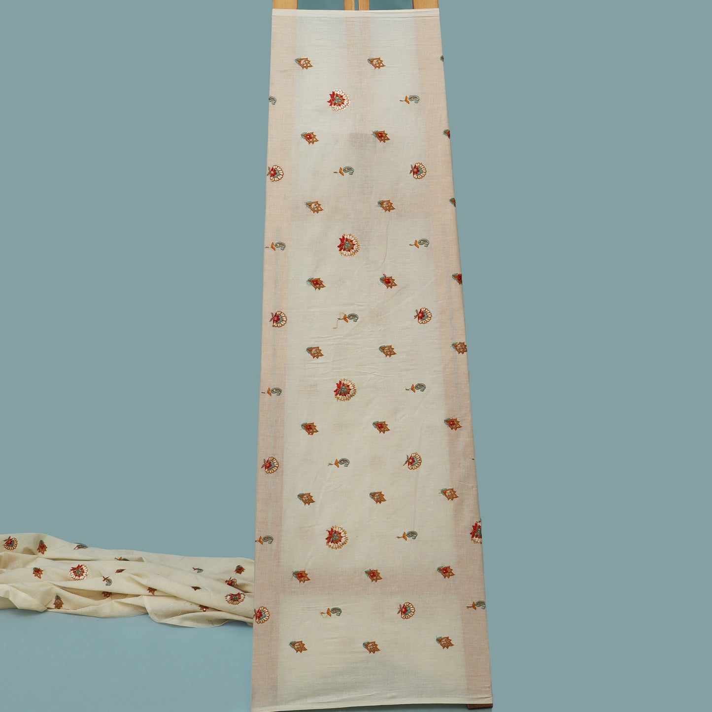 Off White Color Kora Cotton Embroidery Fabric