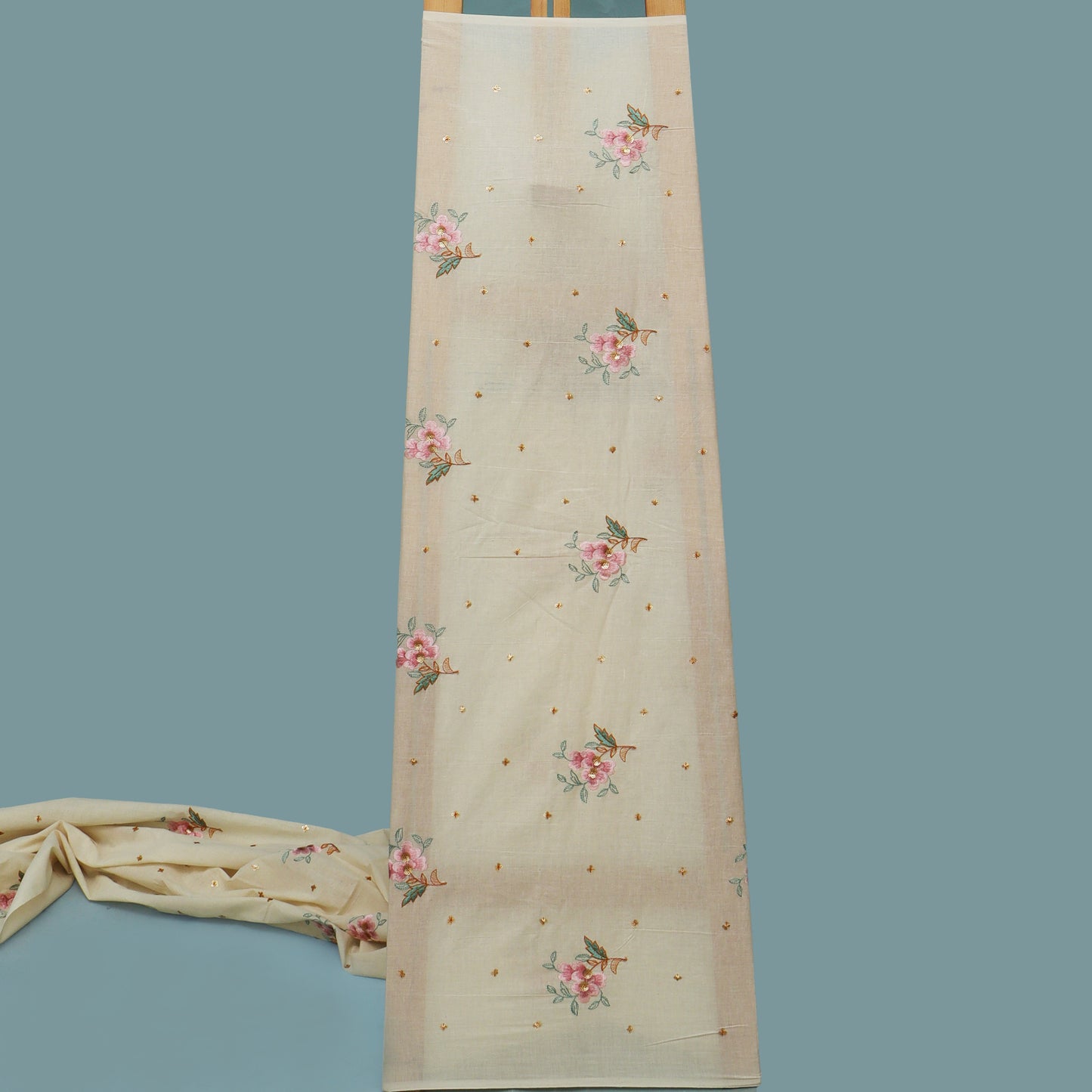 Off White Color Kora Cotton Embroidery Fabric