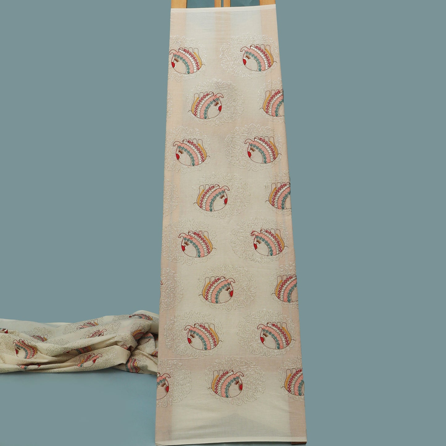 Off White Color Kora Cotton Embroidery Fabric