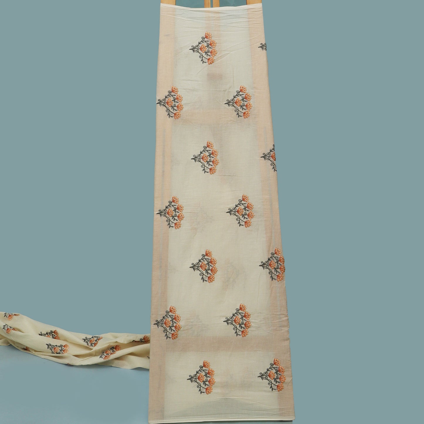 Off White Color Kora Cotton Embroidery Fabric