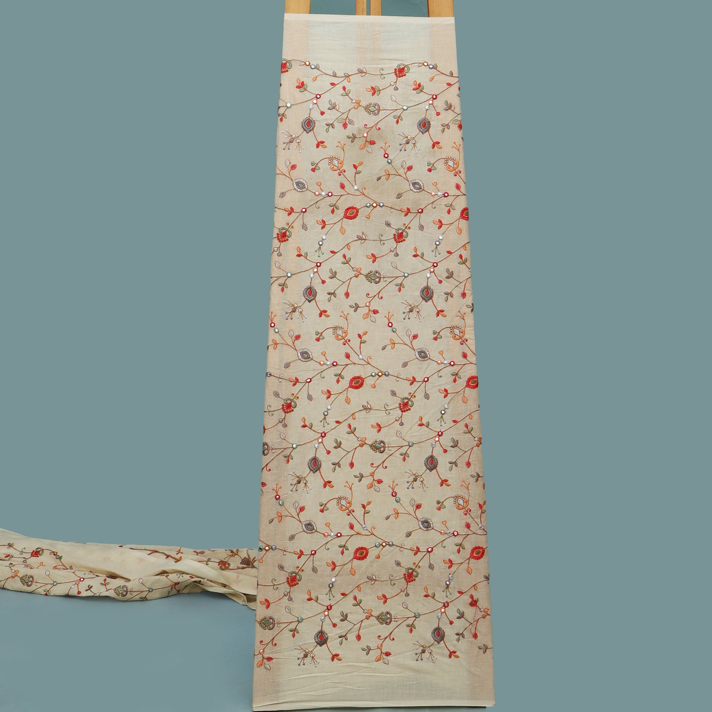 Off White Color Kora Cotton Embroidery Fabric