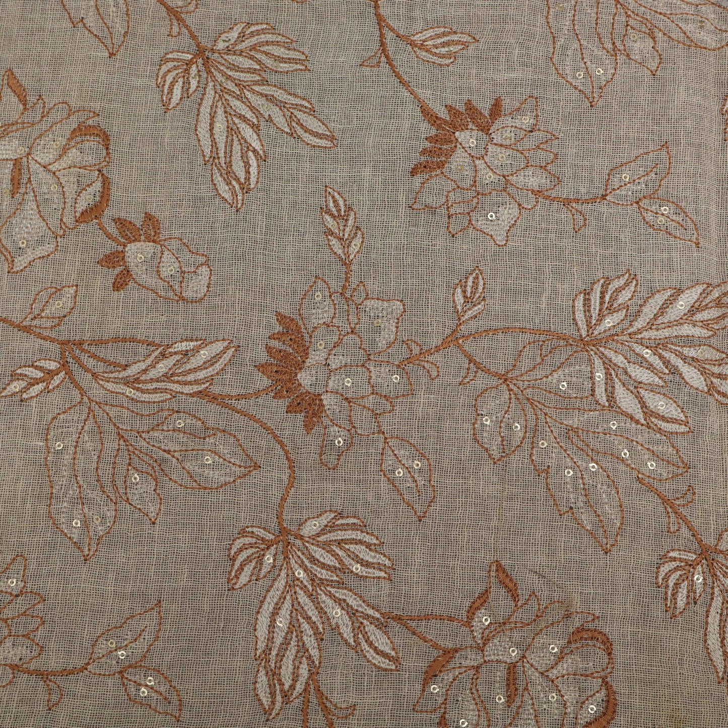 Cream Color Linen Sequins Embroidery Fabric