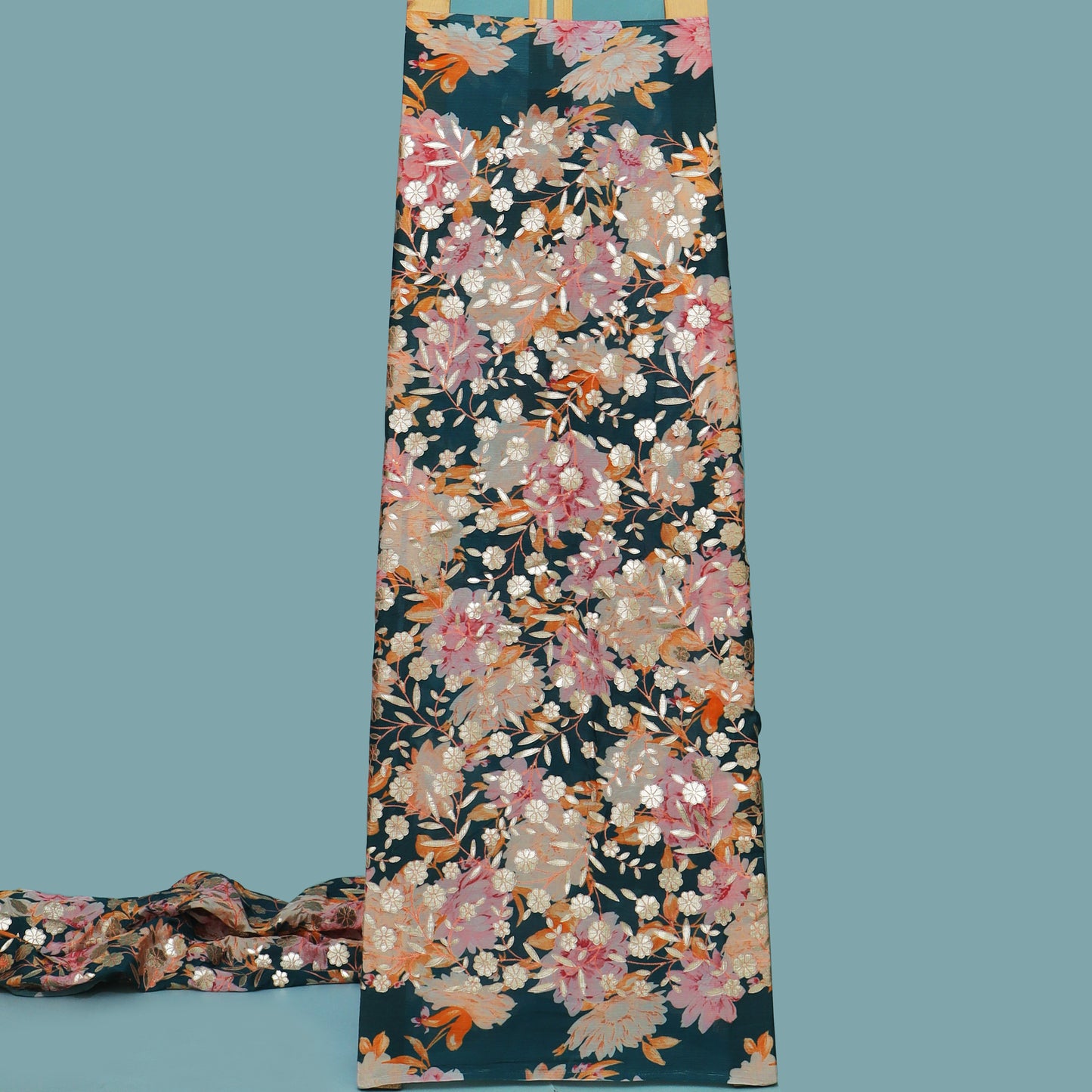 Teal Blue Color Chinon Hydra Print Gota Work Fabric