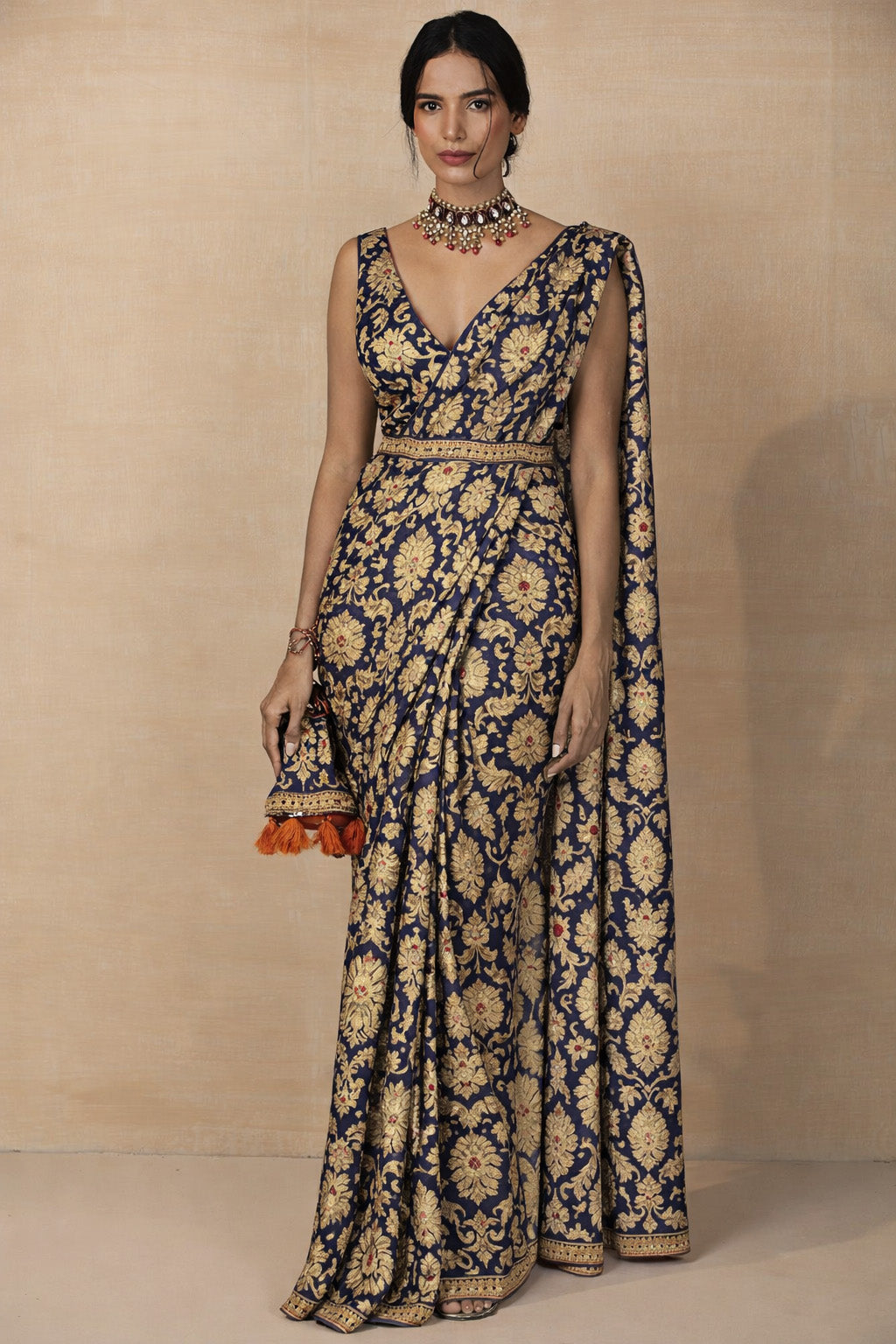 Navy Blue Kimkhab Brocade Fabric