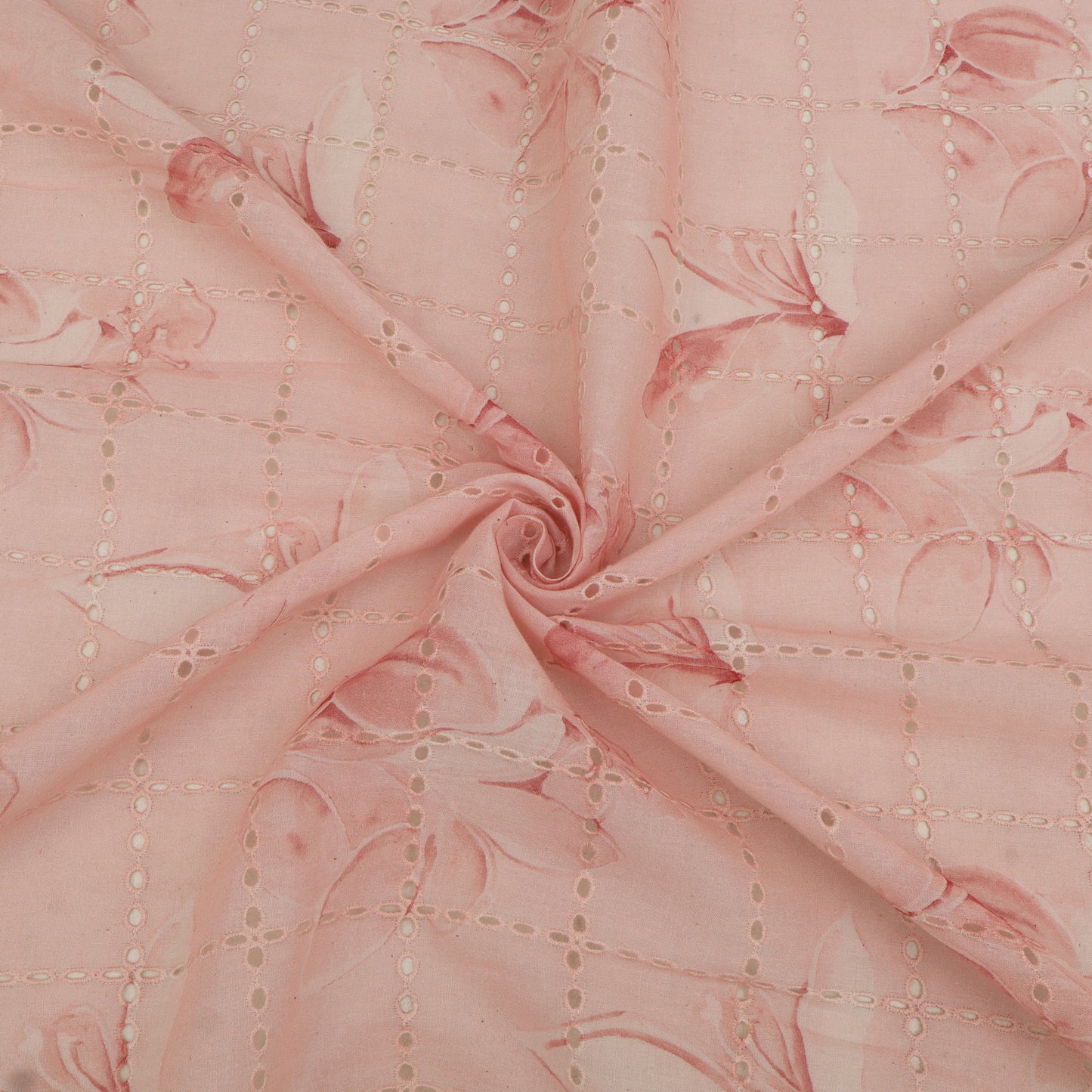 Close-up of pink fabric with floral patterns and stitching details