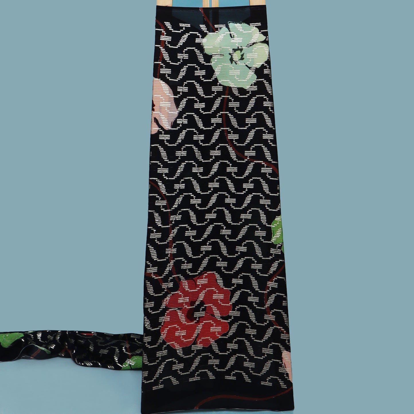 Black Color Chinon Print Sequins Embroidery Fabric