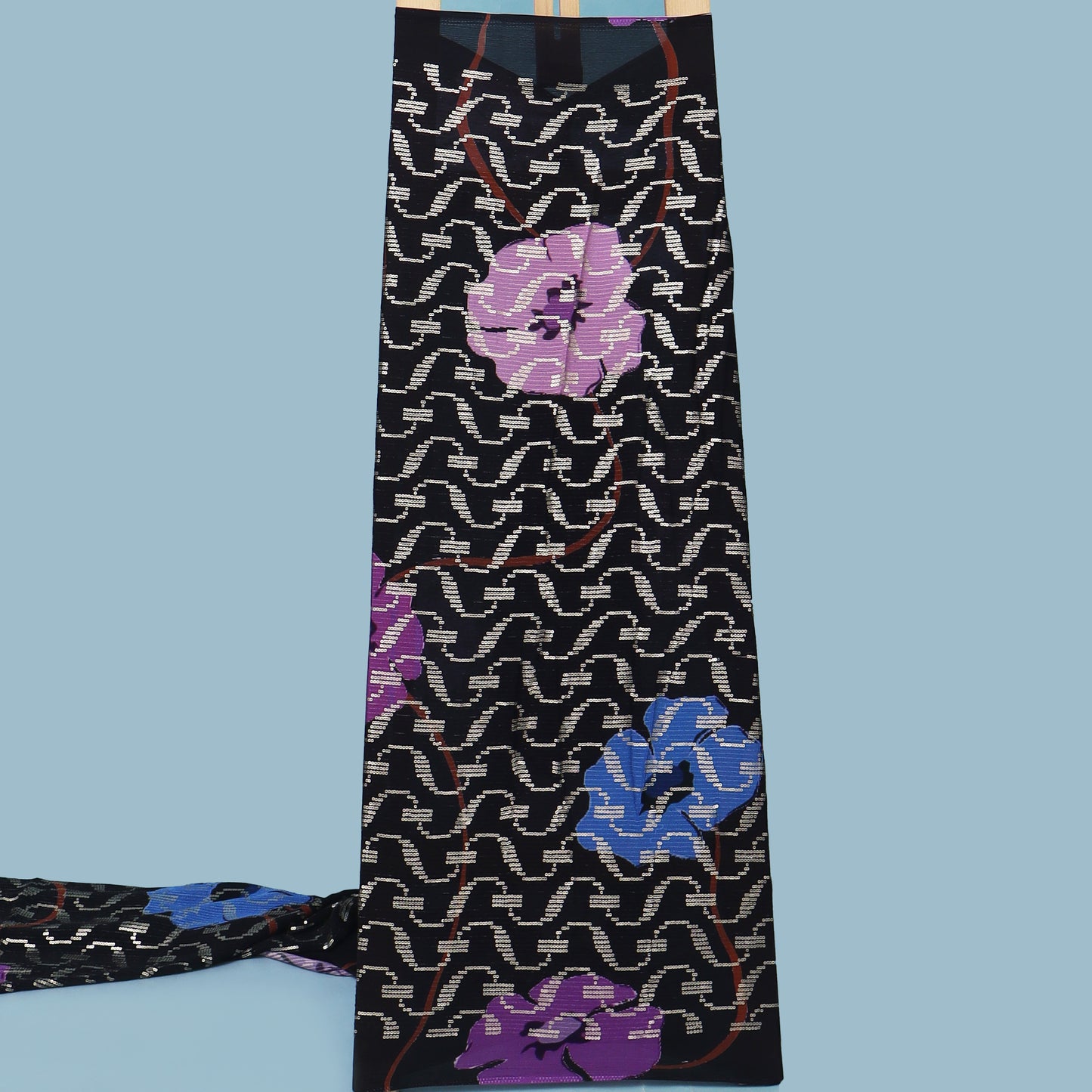 Black Color Chinon Print Sequins Embroidery Fabric