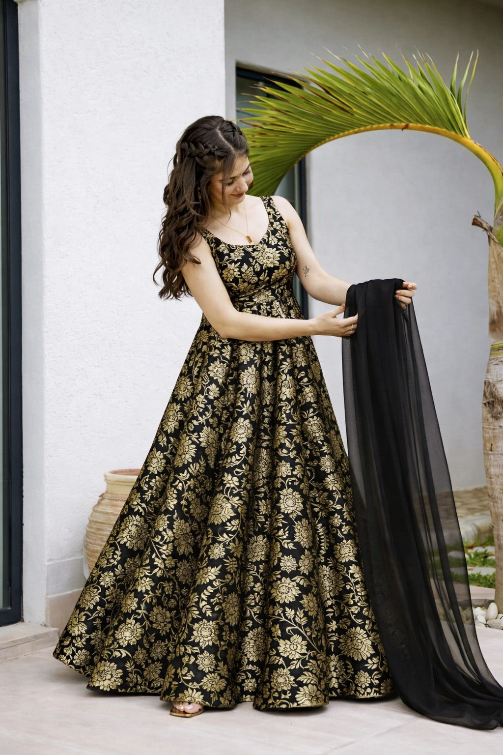 Pure Kimkhab Brocade Fabric Regal Gold Zari Floral Weave on Rich Dark Base