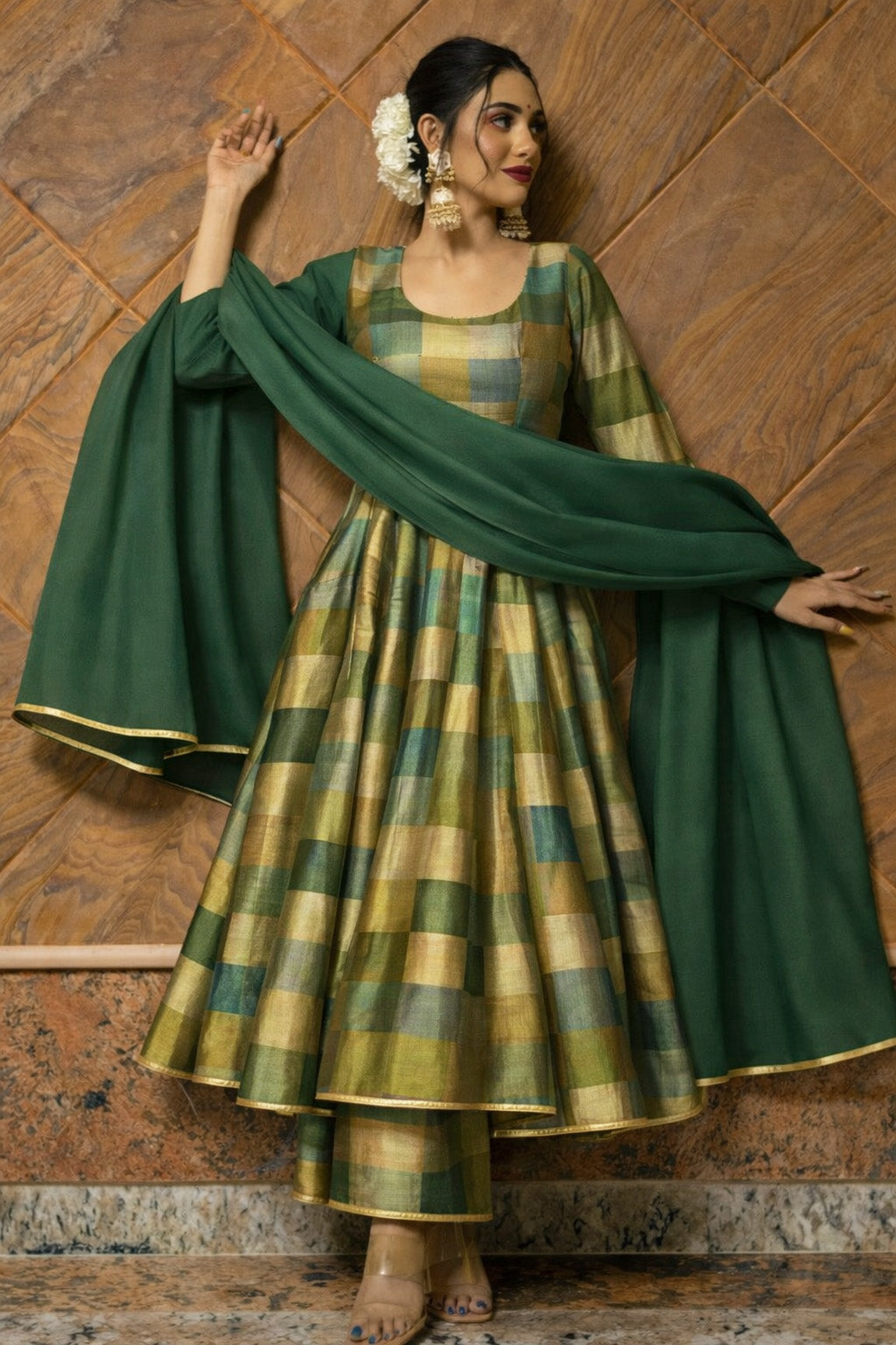 Pure Tissue Brocade Fabric Multitone Checked Weave with Elegant