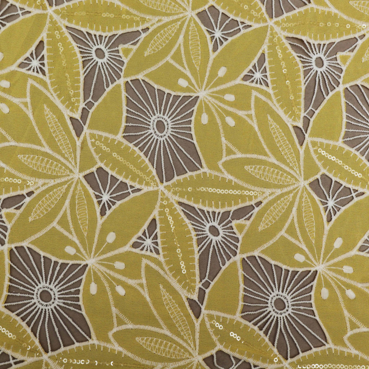 Yellow Color Crepe Chikan Embroidery Fabric