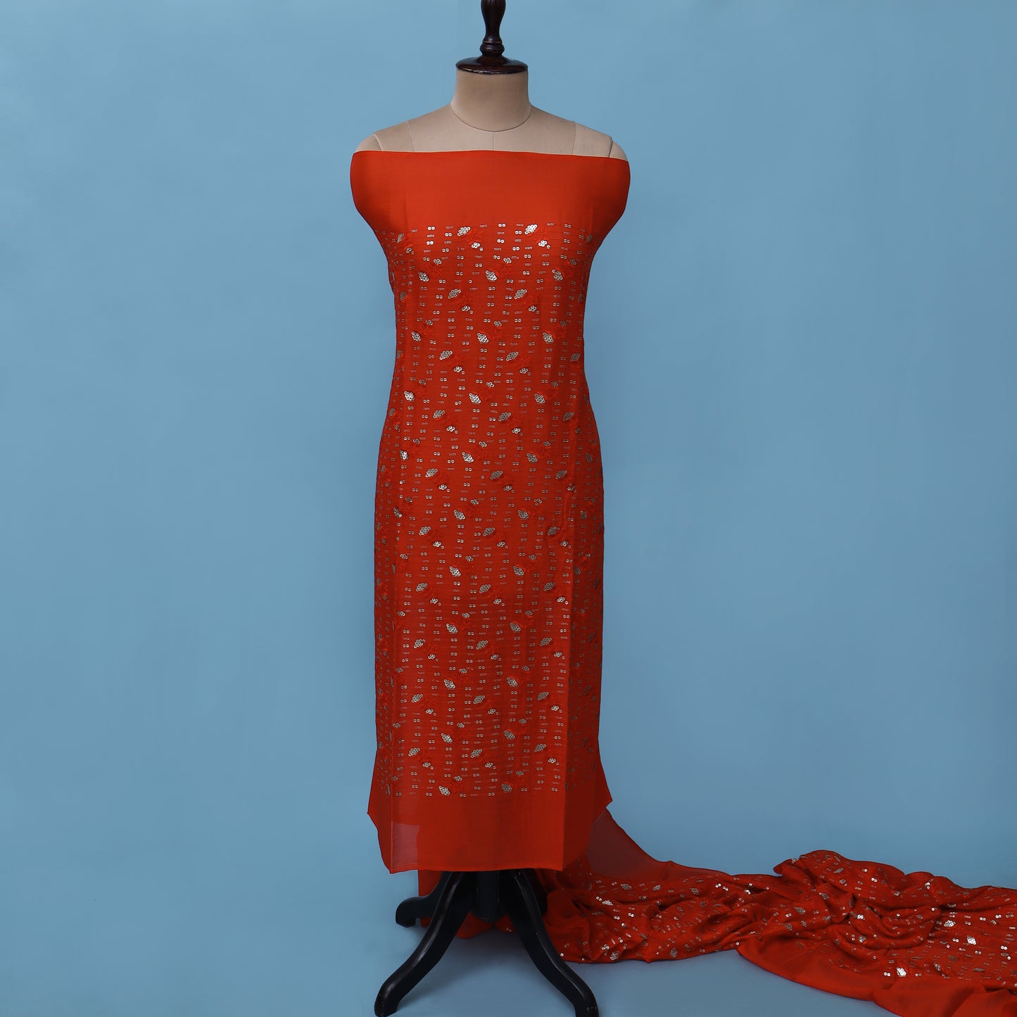 Red Color Chinon Chiffon Embroidery Fabric
