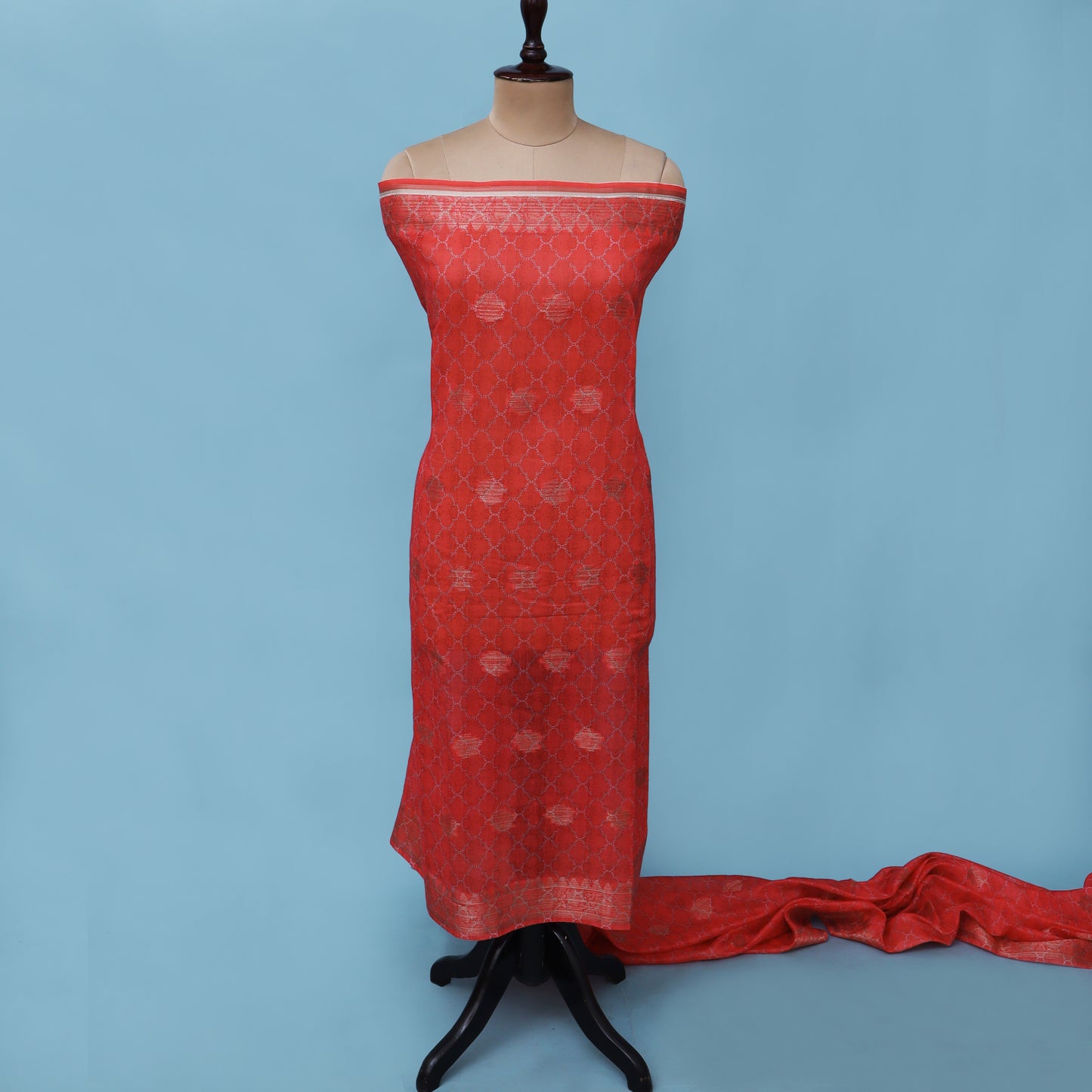 Light Red Color Chanderi Jaquard Print Fabric