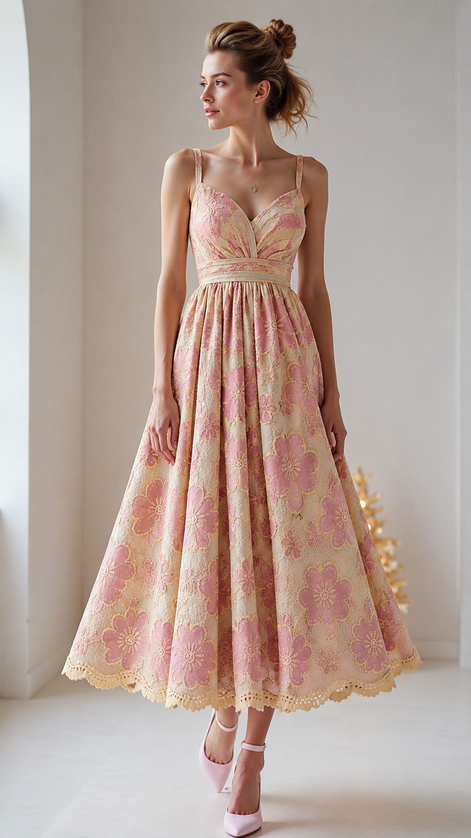 Woman wearing a pink floral dress in a softly lit room.