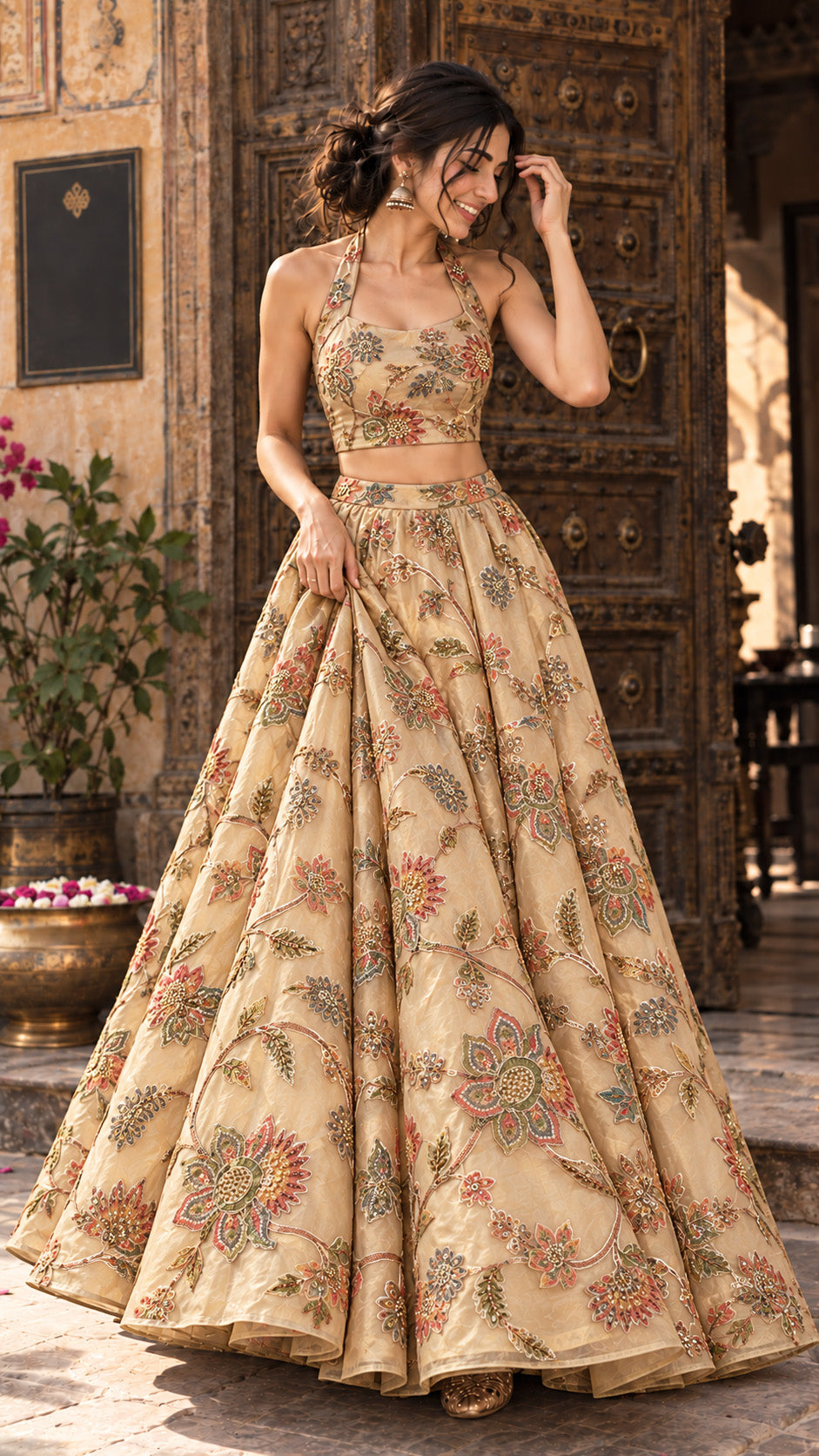 Beige Pure Tissue Embroidered Fabric