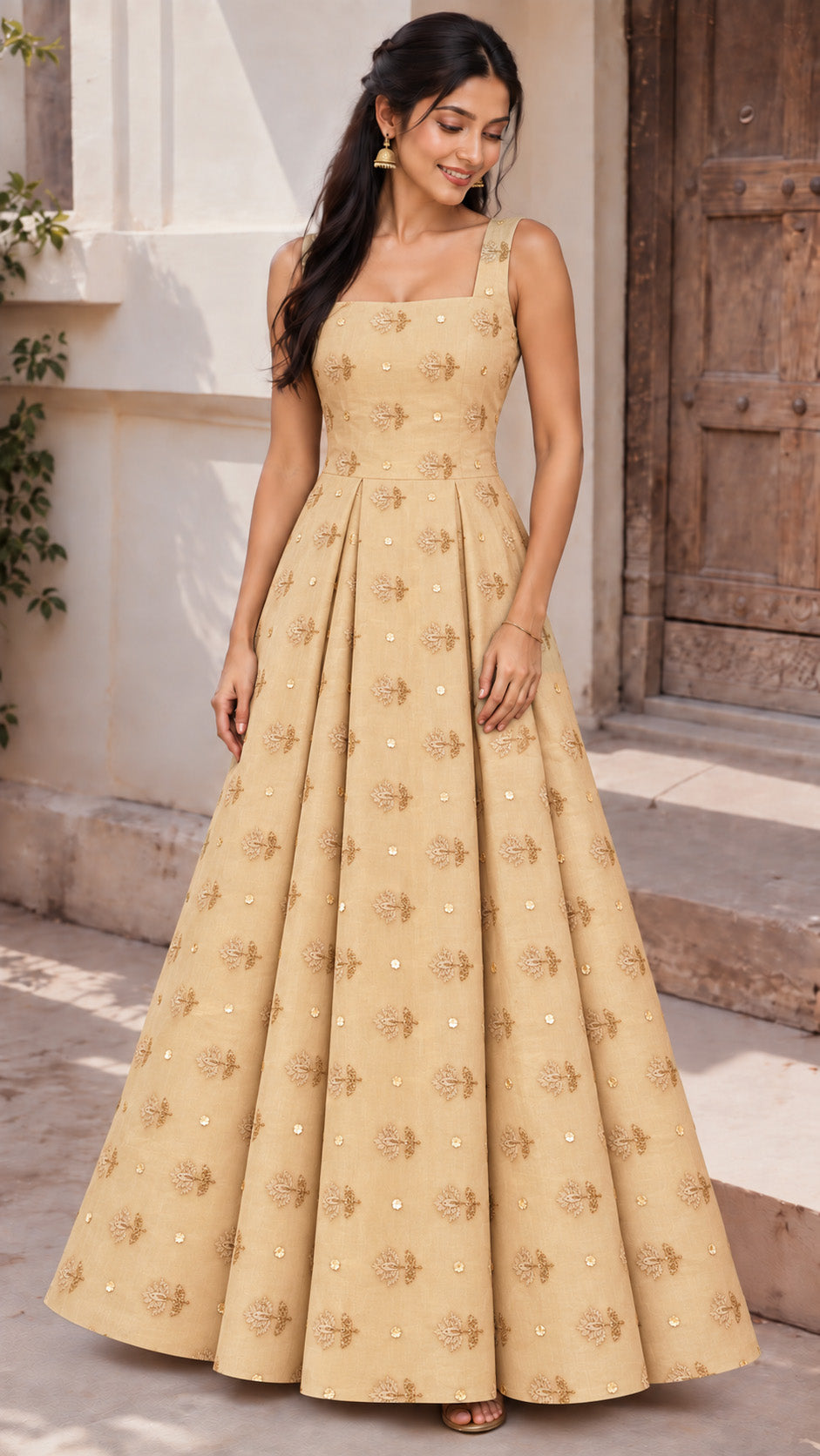 Beige Pure Tissue Mukaish Embroidery Fabric