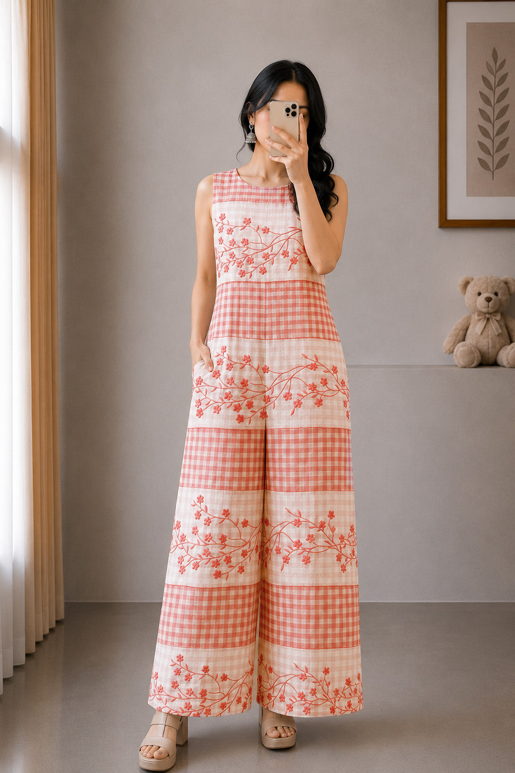 Woman wearing a red and white checkered dress with floral patterns in a room.