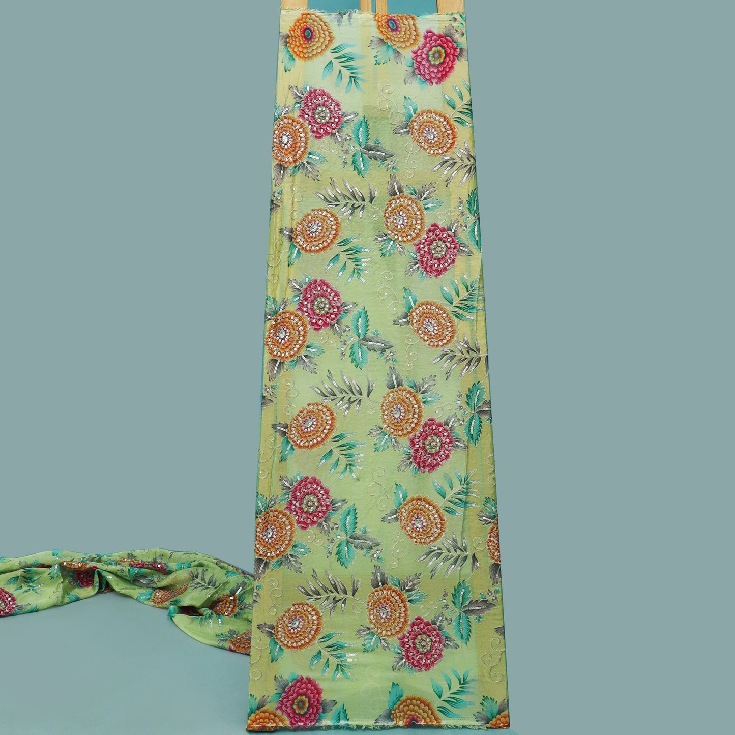 Pista Green Color Chinon Position Print Embroidery Fabric