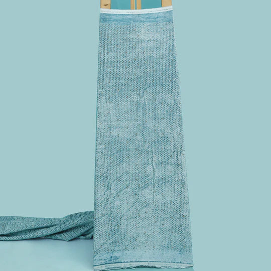 Ocean Blue Color Velvet Embroidery Fabric (Cut Pieces 1Mtr)