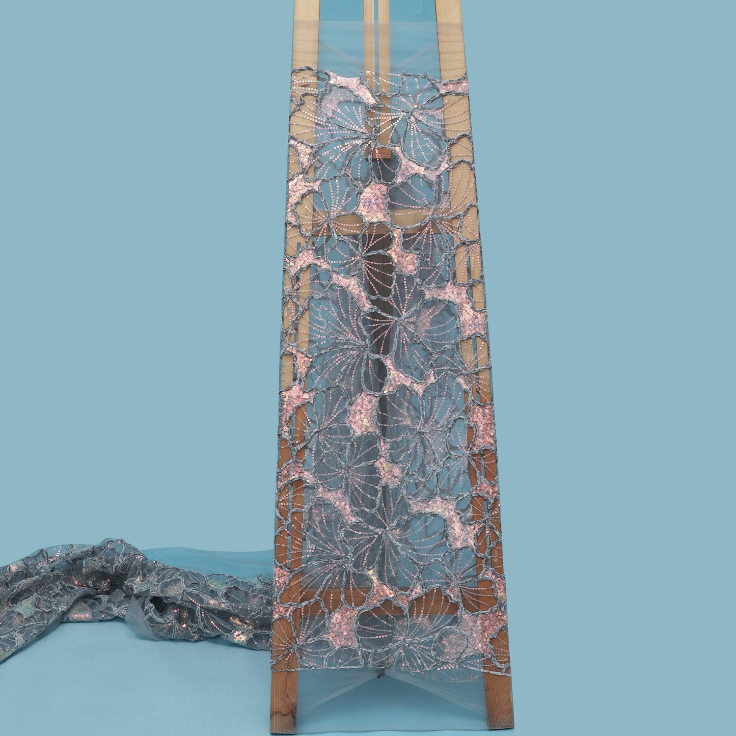 Grey Color Net Embroidery Fabric