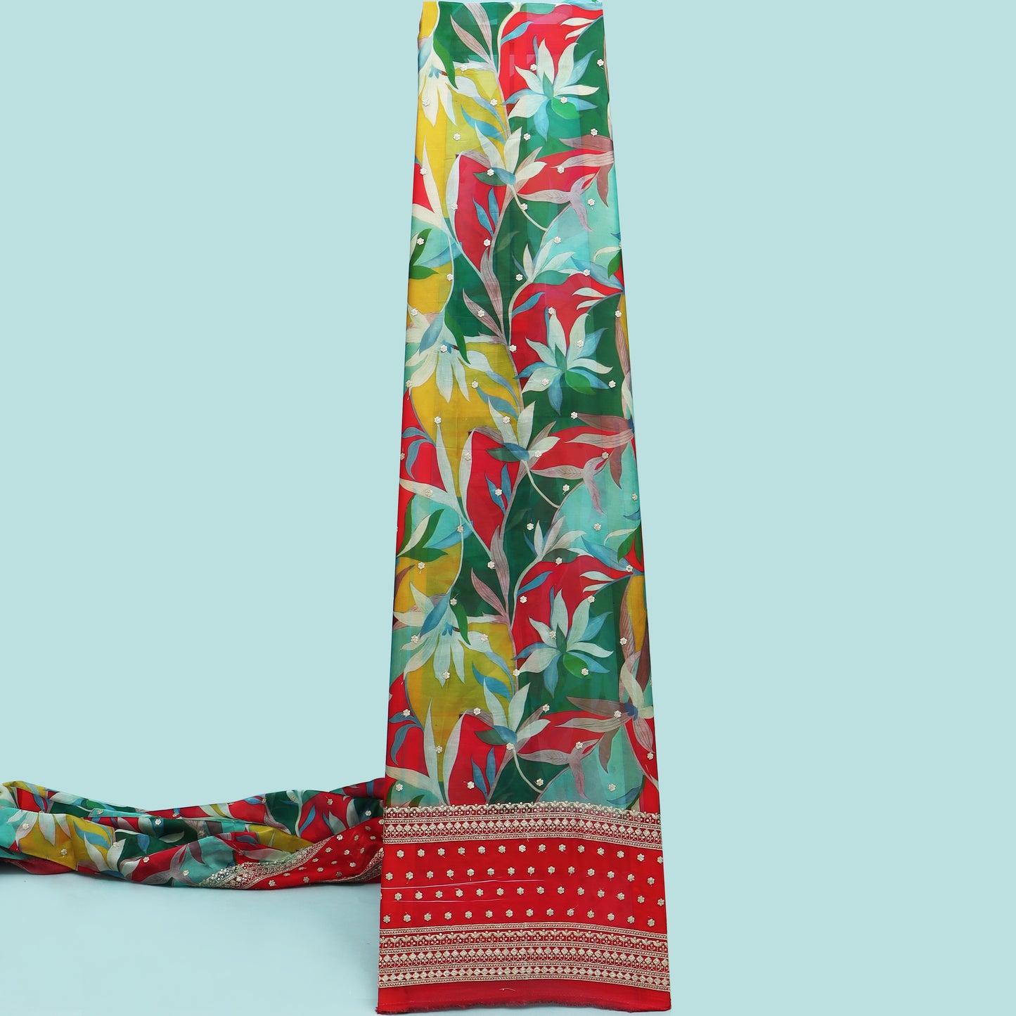 Red Color Organza Print Embroidery Fabric