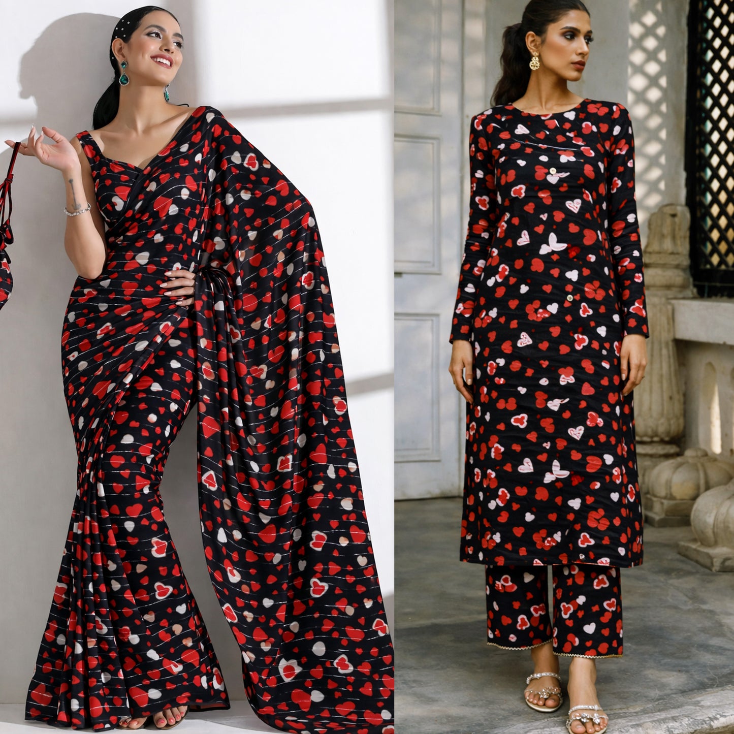 Red And White Heart Design Brasso Valvet Fabric