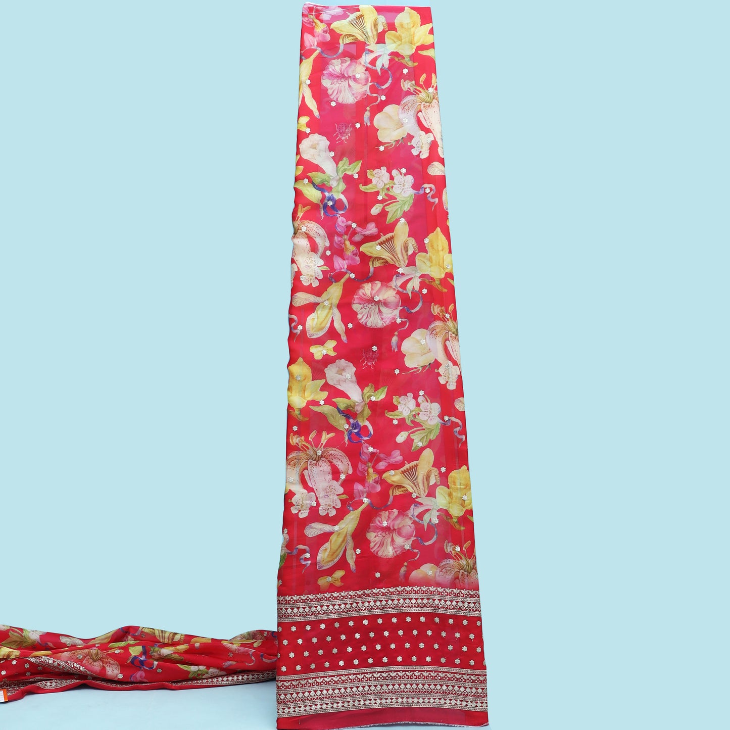 Red Color Organza Print Embroidery Fabric