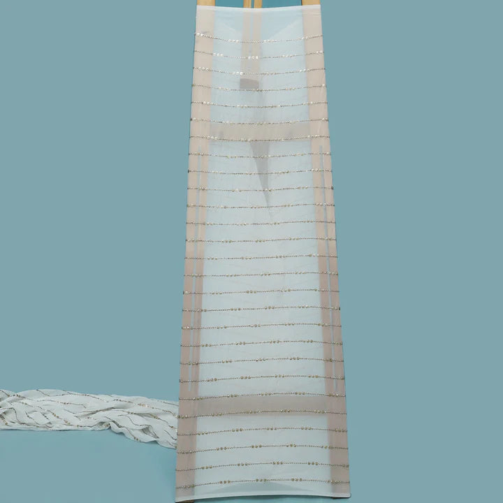 White Color Georgette Stripe Embroidery Fabric (Cut Pieces 2Mtr)