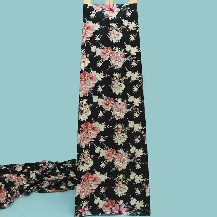 Black Color Crepe Print Embroidery Fabric (Cut Pieces 1Mtr)