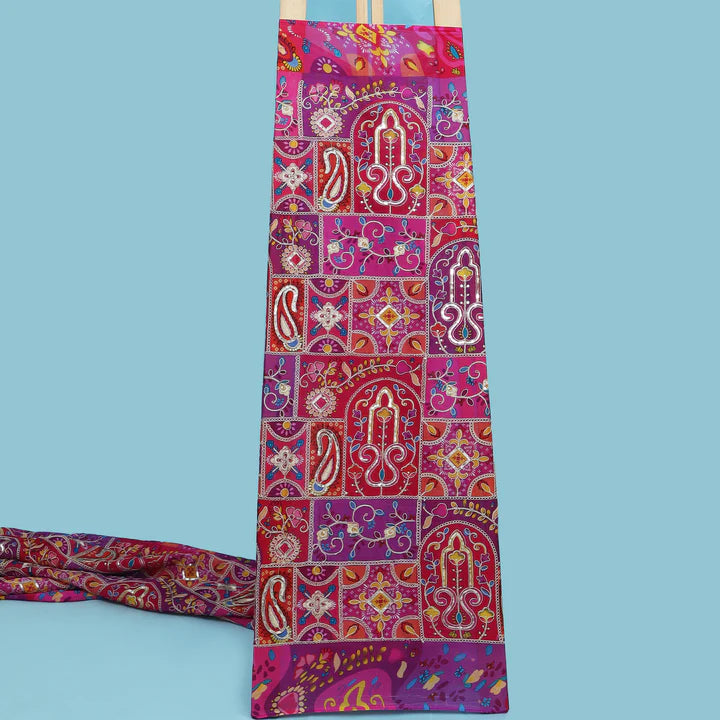 Multicolor Chinon Position Print Embroidery Fabric (Cut Pieces 2Mtr)