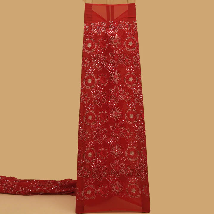 Red Georgette Embroidery Fabric(Cut Pieces 2.5Mtr)