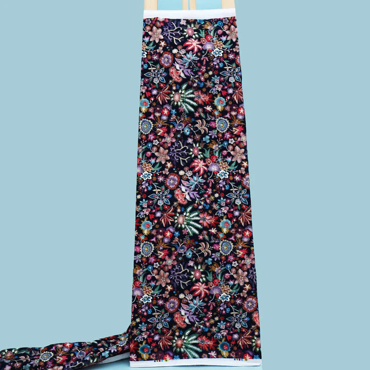 Blue Color Velvet Print Embroidery Fabric (Cut Pieces 1Mtr)