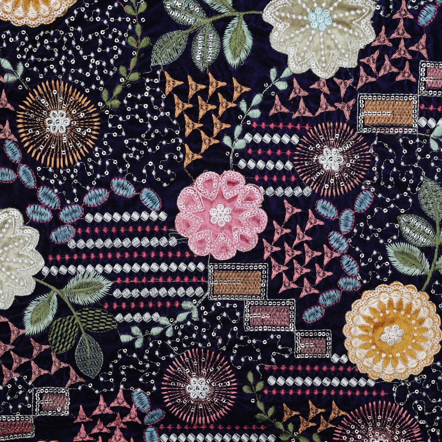 NAVY BLUE Color Velvet Embroidery Fabric