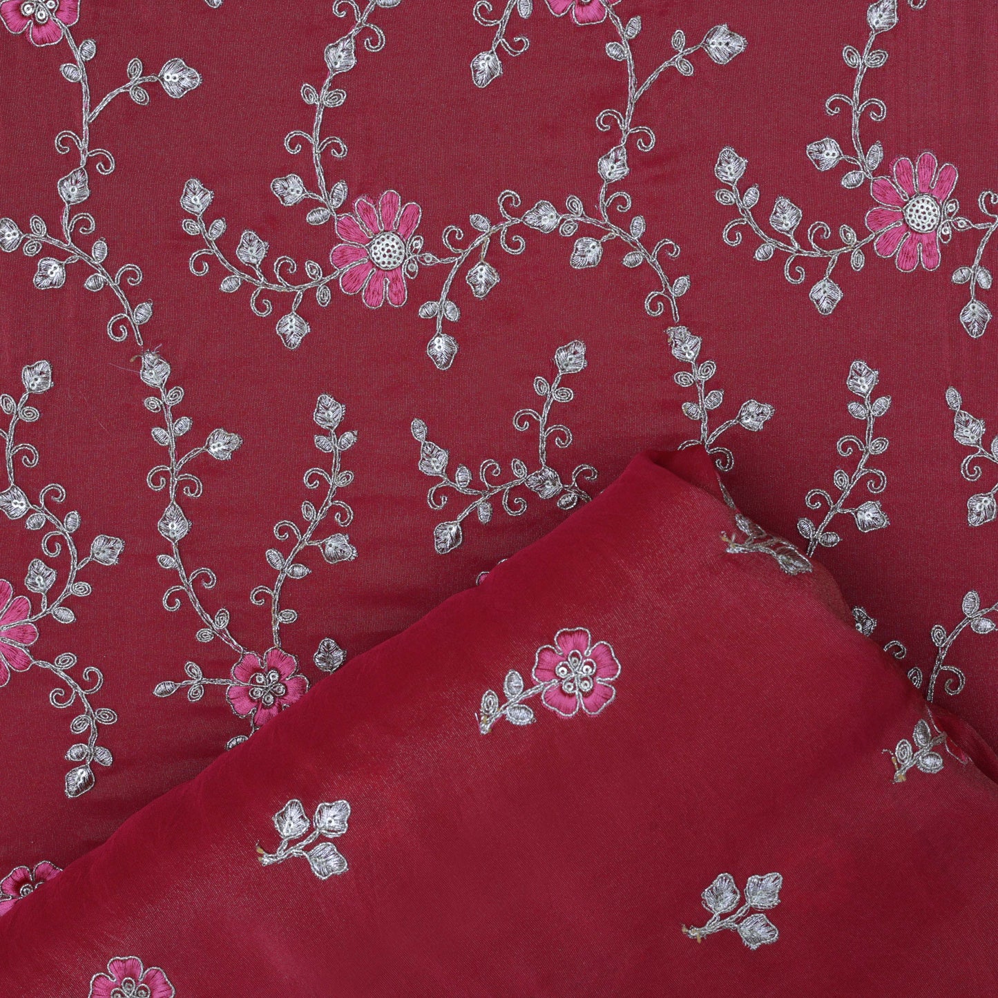 Magenta Color Tissue Zari Embroidery Fabric